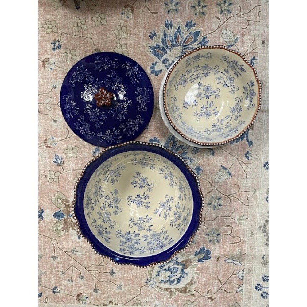 Temp-tations Floral Lace‎ Cobalt Blue Serving Bowl with Lid and Small Bowl